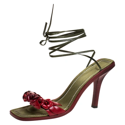 Pre-owned Valentino Garavani Red/green Leather Flower Applique Square Toe Ankle Tie Sandals Size 39.5