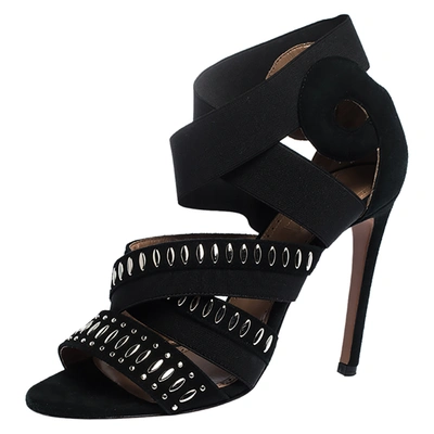Pre-owned Alaïa Black Studded Suede Cross Strap Peep Toe Sandals Size 36