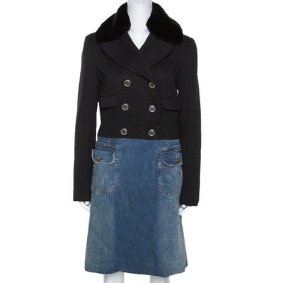 Pre-owned Dolce & Gabbana D & G Color Block Denim Blend Detachable Fur Collar Long Coat M In Black