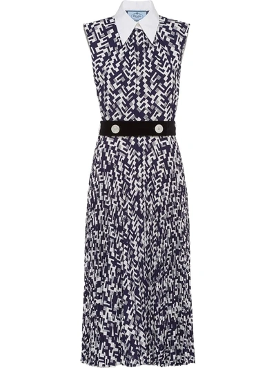 Prada Geometric-print Belted Midi-dress In Blue