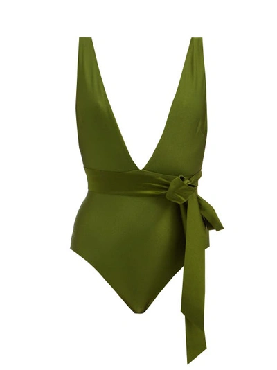 Zimmermann Empire Plunging Tie-waist One-piece Swimsuit In Green