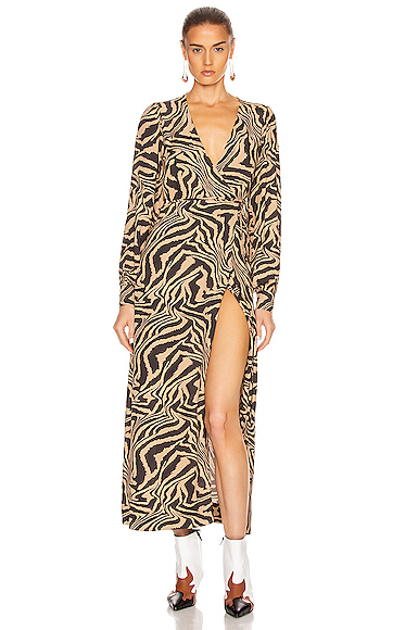 Ganni Printed Wrap Over Dress In Tannin | ModeSens