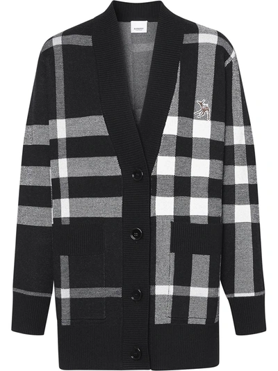 Burberry Deer Motif Check Wool Blend Jacquard Cardigan In Black