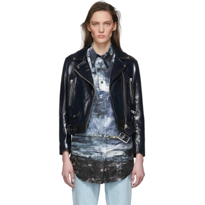 Acne Studios Black Leather Cropped Jacket In Ink Blue
