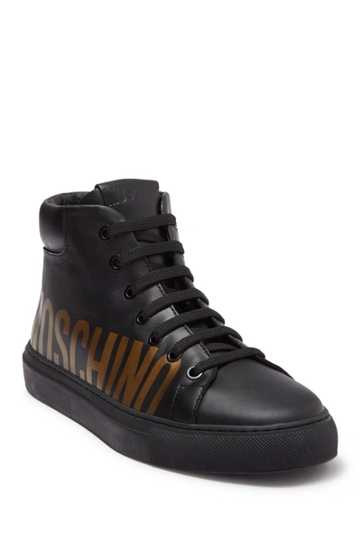 Moschino Calfskin High Sneakers With Logo In Black