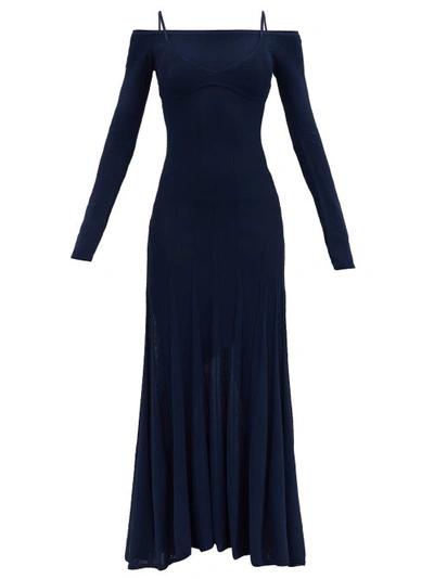 Jacquemus Valensole Cold-shoulder Knitted Maxi Dress In Blue