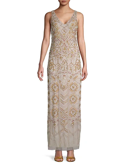 Adrianna Papell Beaded V-neck Column Gown In Biscotti