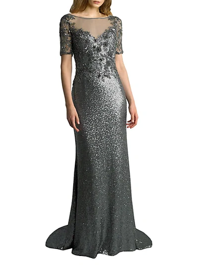 Basix Black Label Illusion Sequin Gown In Charcoal