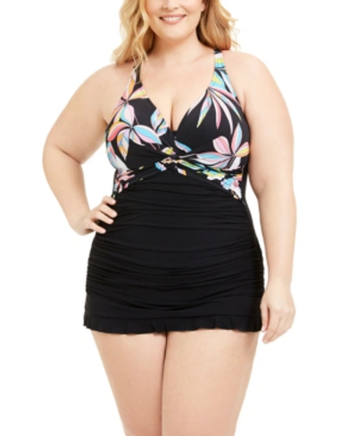 Profile By Gottex Plus Size Paparazzi Printed Underwire Tummy Control Swimdress Women's Swimsuit In Black Multi
