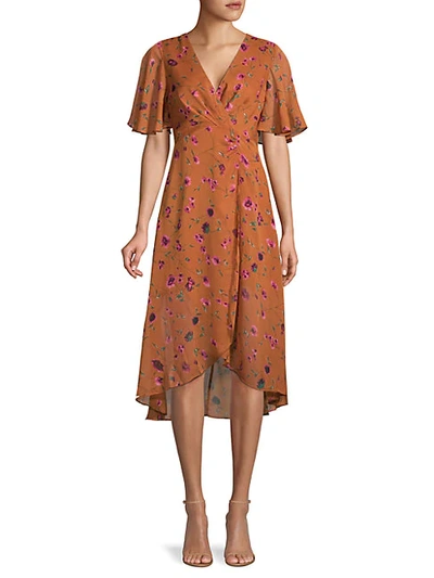 Astr Floral-print Faux Wrap Dress In Rust Fuchsia