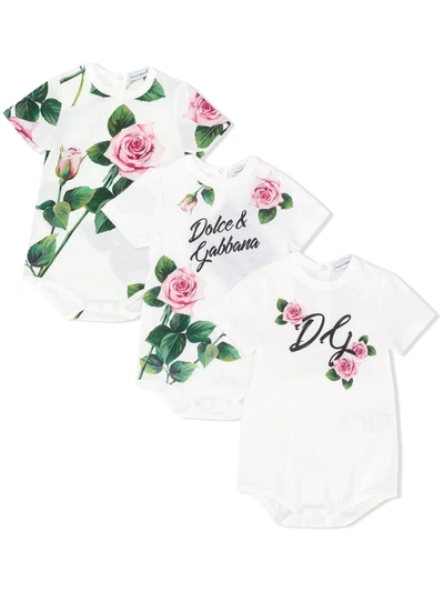 Dolce & Gabbana Babies' Kids Set Of 3 Tropical Rose Bodysuits (0-24 Months) In White