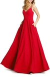 Mac Duggal V-neck Crepe Ballgown In Red
