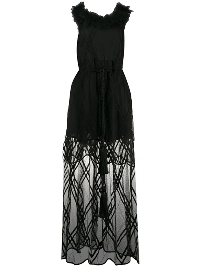 Annamode Feather Trim Tiered Maxi Dress In Black