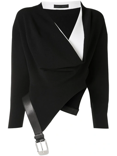 Proenza Schouler Draped Two-tone Leather-trimmed Stretch-knit Blouse In Black