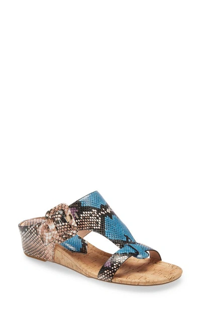 Donald J Pliner Ofelia Python-print Buckle Wedge Thong Sandals In Sky Leather