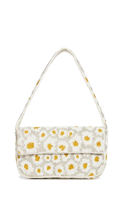 Staud Tommy Leather-trimmed Beaded Satin Shoulder Bag In Daisy White Beading