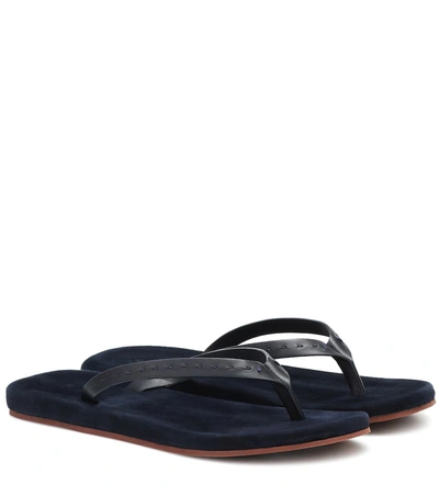 Loro Piana My Lp Topstitched Leather-trimmed Suede Flip Flops In Navy