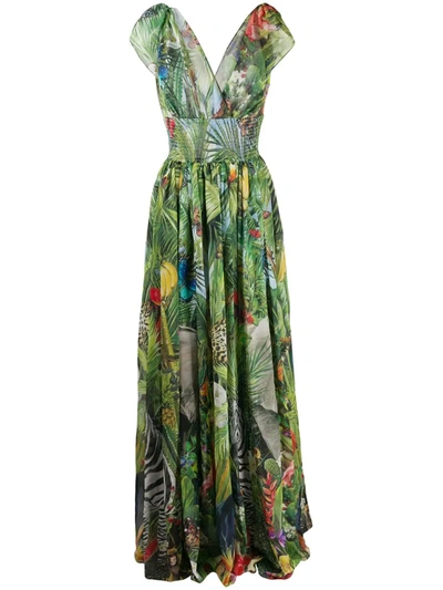 Dolce & Gabbana Long Georgette Dress With Jungle Print In Multicolored