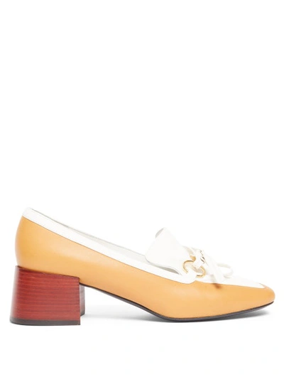 Loewe Square-toe Leather Block-heeled Loafers In Tan/white