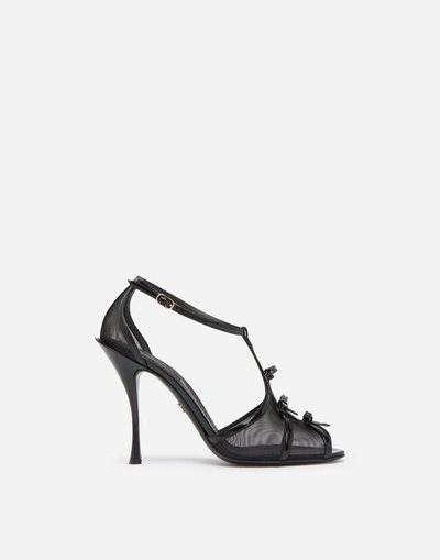 Dolce & Gabbana Polished Calfskin And Mesh Sandals With Small Bows In Black
