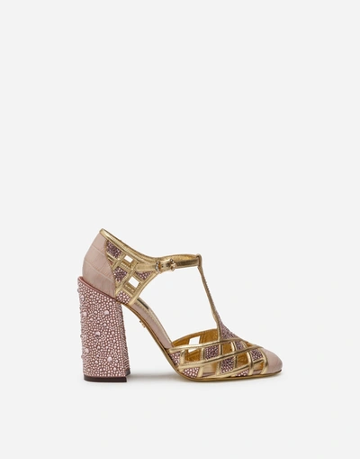 Dolce & Gabbana Polished Crocodile Print T-strap Shoes With Mini Rhinestones In Beige
