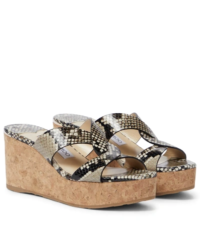 Jimmy Choo Atia 75 Snake-print Leather Platform Wedge Sandals In Neutral