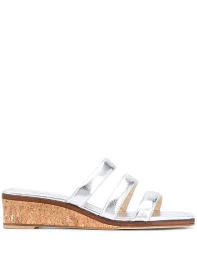 Jimmy Choo Athenia 35 Metallic Leather And Cork Wedges In Silver