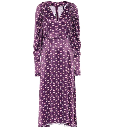 Rotate Birger Christensen Clair Gathered Floral-print Satin Midi Dress In Purple