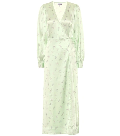 Ganni Floral Stretch-satin Dress In Green