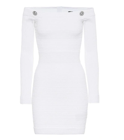 Balmain Off-the-shoulder Dress In Ribbed Knit In White