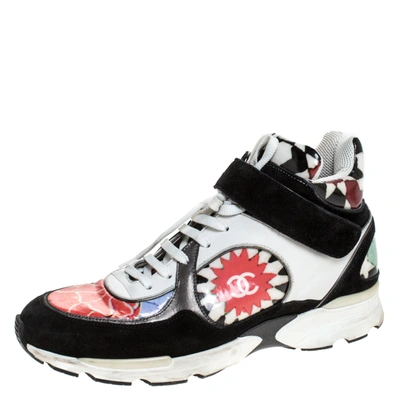Pre-owned Chanel Multicolor Printed Pvc And Leather Cc Strap High Top Sneakers Size 40.5