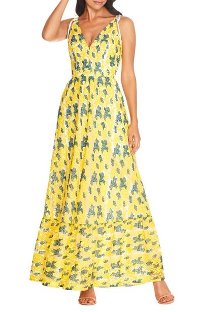 Dress The Population Sunny Embroidered Floral Tie Shoulder Gown In Canary Multi