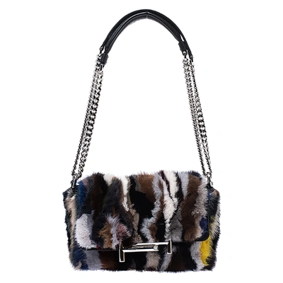 Pre-owned Tod's Multicolor Mink Fur And Leather Double T Flap Shoulder Bag