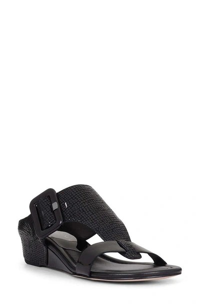 Donald J Pliner Ofelia Pebbled Buckle Wedge Thong Sandals In Black Leather