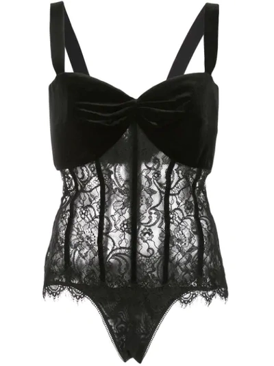 Tadashi Shoji Palmer Lace Velvet Bodysuit In Black