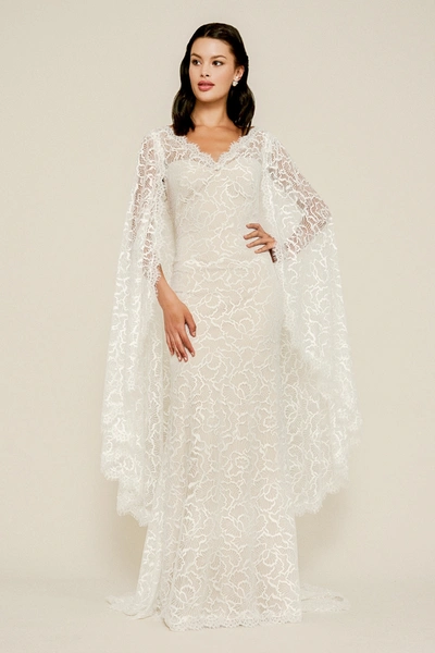 Tadashi Shoji Dexter Lace Cape Gown In Ivory/natural