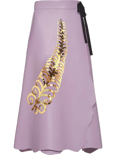 Prada Sequin Feather Leather Midi Skirt In Lilac