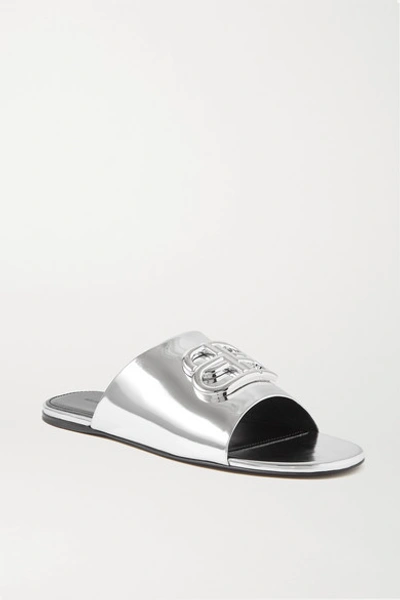 Balenciaga Oval Bb Logo-embellished Mirrored-leather Slides In Argento