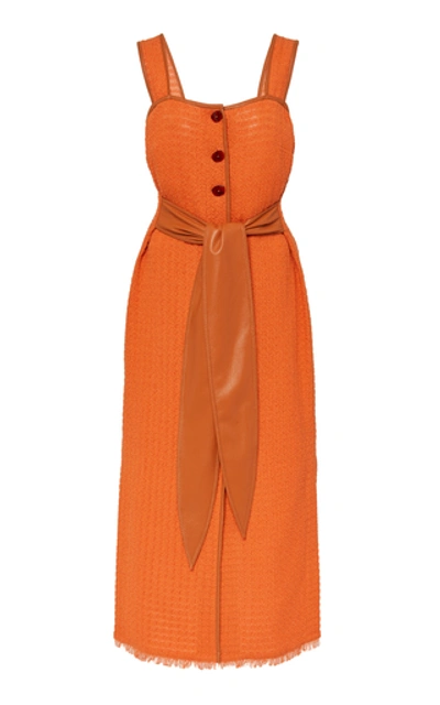 Nanushka Rita Vegan Leather-trimmed Frayed Cotton-blend Midi Dress In Orange