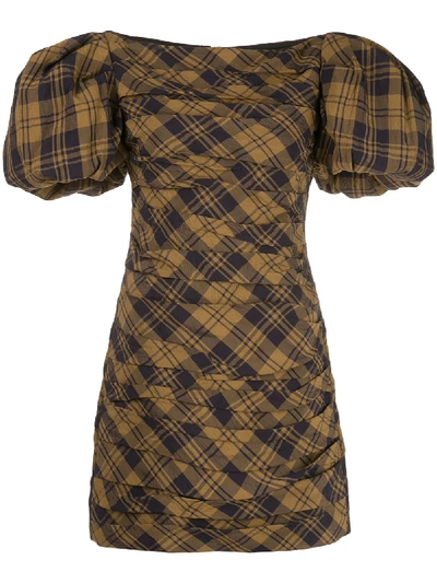 Khaite Shelly Ruched Checked Crinkled-twill Mini Dress In Brown