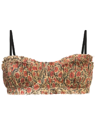 Khaite Indira Pleated Floral-print Twill Bralette In Red