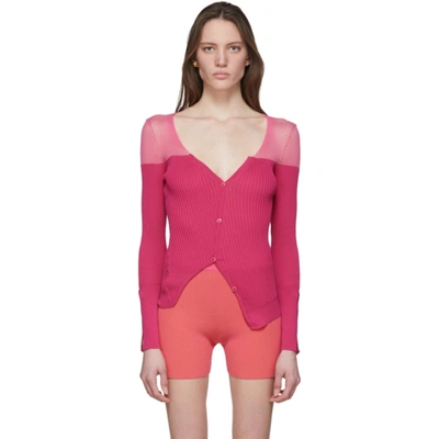 Jacquemus Tordu Asymmetric Two-tone Ribbed Cotton-blend Cardigan In Pink