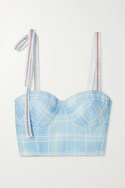 Rosie Assoulin Bustino Cropped Checked Linen Top In Blue