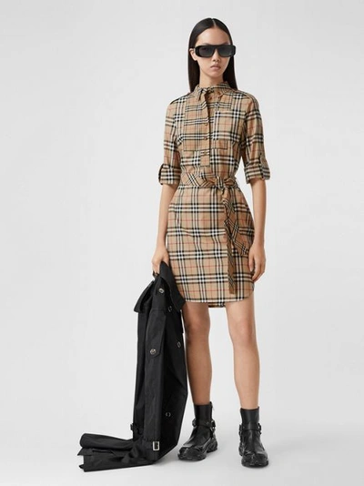 Burberry Contrast Check Stretch Cotton Tie-waist Shirt Dress In Archive Beige