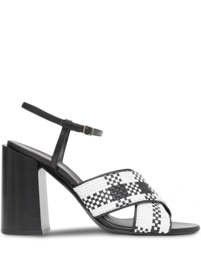 Burberry Latticed Leather Block-heel Sandals In Black/white