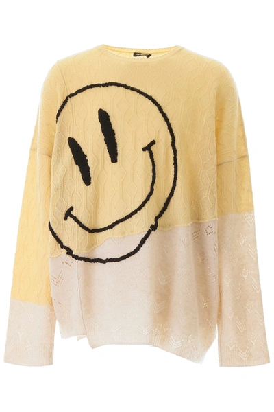 Raf Simons Oversize Embroidered Smiley Face Merino Wool Sweater In Yellow,beige,black