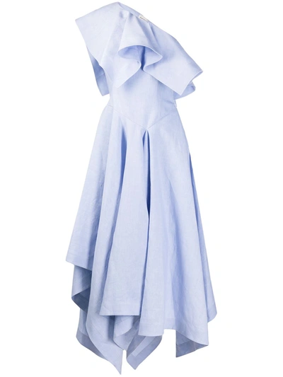 Alexander Mcqueen Off-shoulder Asymmetric Midi Dress In Blue