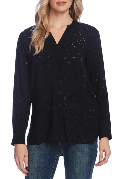 Vince Camuto Mixed Eyelet Embroidered Top In Rich Black
