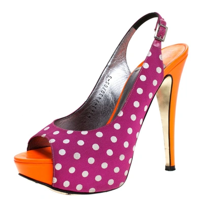 Pre-owned Gina Purple/orange Polka Dot Fabric And Patent Open Toe Slingback Sandals Size 38