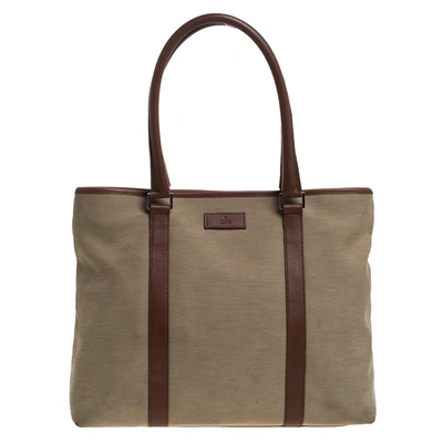 Pre-owned Gucci Khaki Canvas And Leather Shopper Tote In Brown